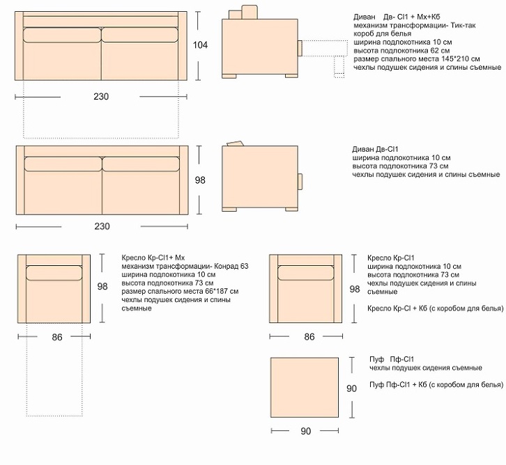Диван Клюзо - технические характеристики